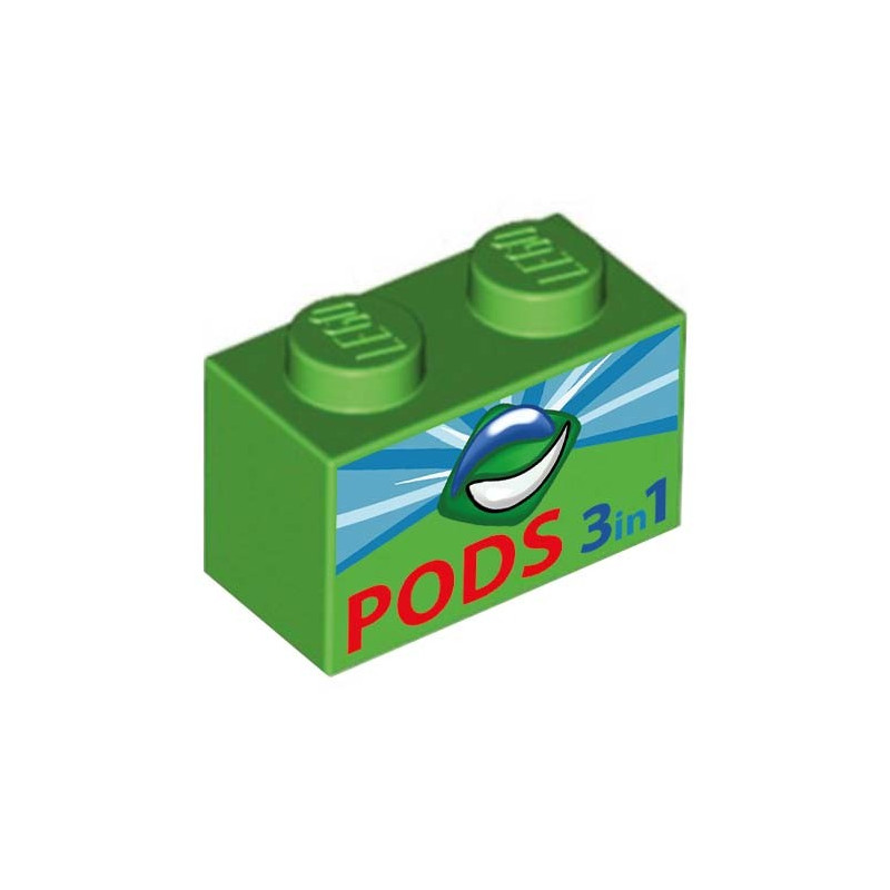Box of Laundry Detergent "PODS" printed on Lego® Brick 1X2 - Bright Green