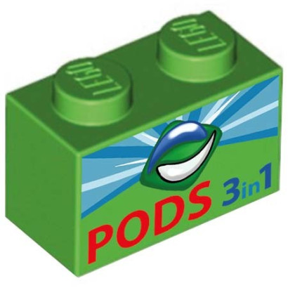 Box of Laundry Detergent "PODS" printed on Lego® Brick 1X2 - Bright Green
