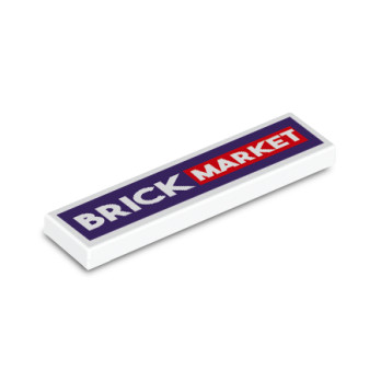 Brick Market sign blue version printed on Lego® 1x4 brick - White