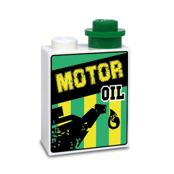 Canister "Motor Oil" printed on Lego® Brick 1X2X1/2 - White