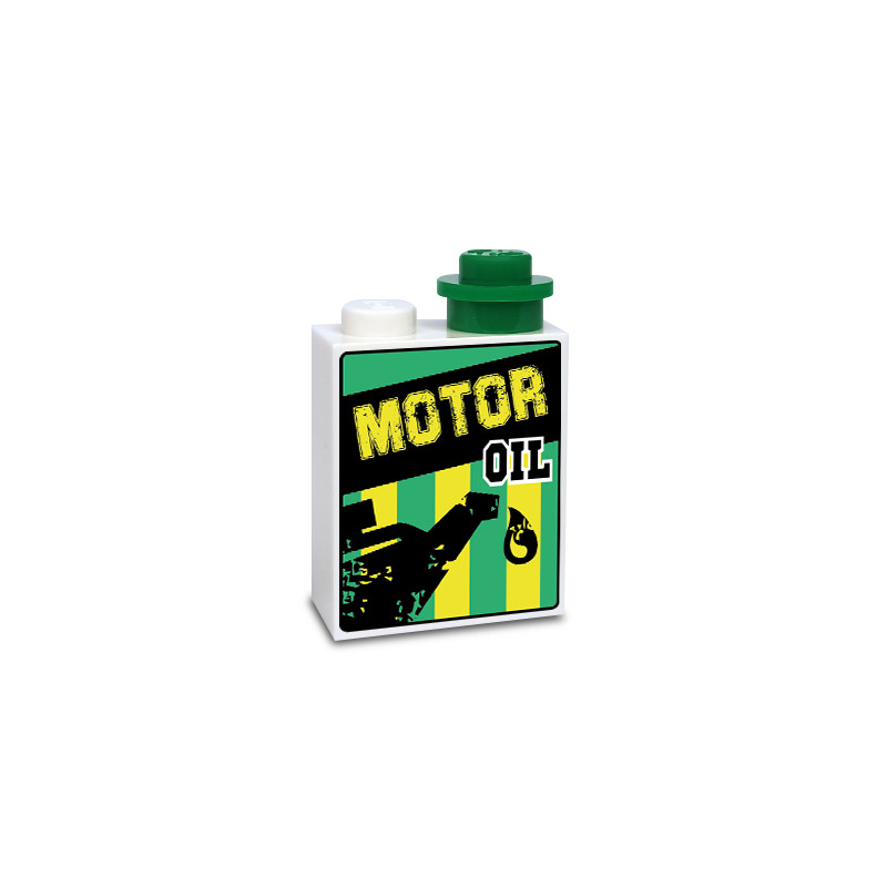 Canister "Motor Oil" printed on Lego® Brick 1X2X1/2 - White