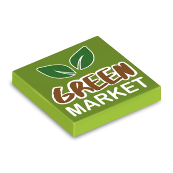 "Green Market" sign printed on Lego® 2x2 Tile - Bright Yellowish Green