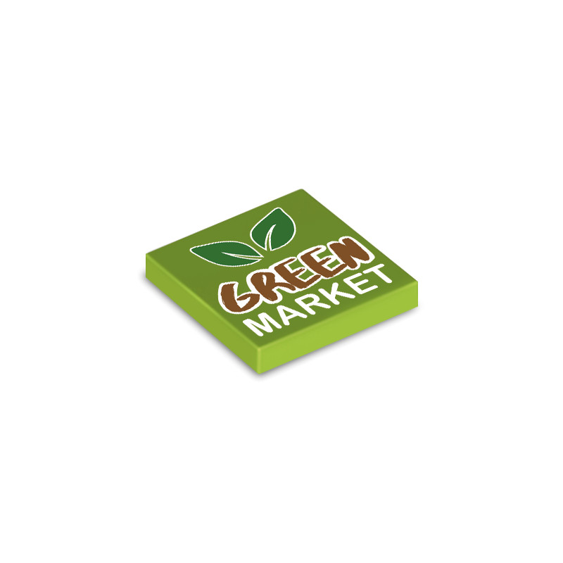"Green Market" sign printed on Lego® 2x2 Tile - Bright Yellowish Green