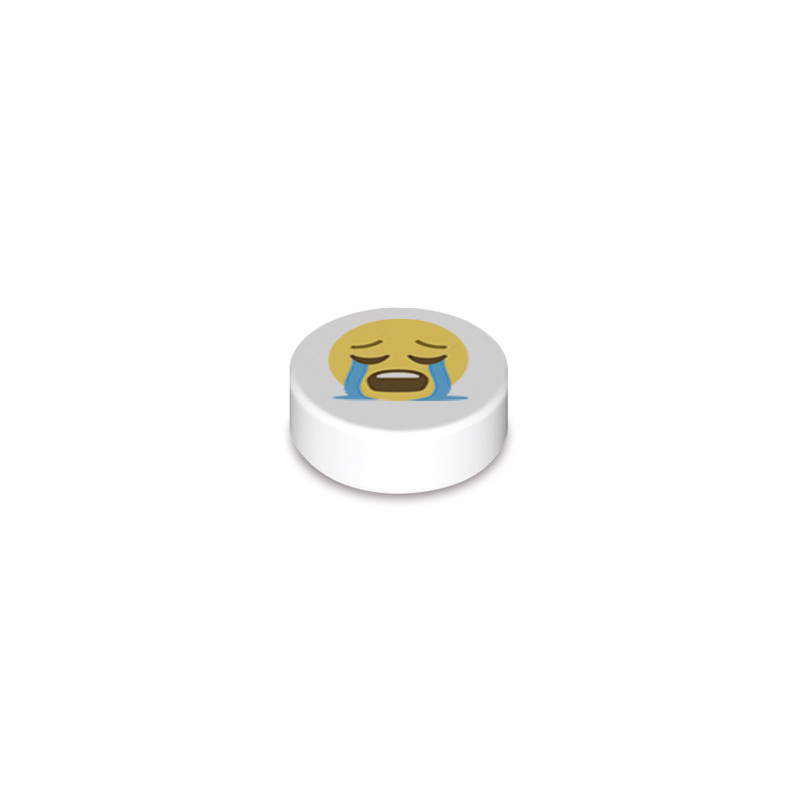 Emoji "llorando" impreso en un ladrillo Lego® redondo 1x1 - Blanco