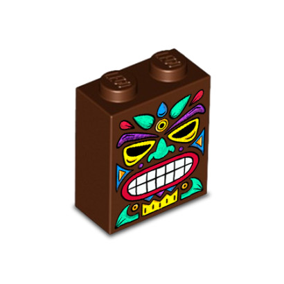 Tiki Totem Printed on Lego® Brick 1X2X2 - Reddish Brown