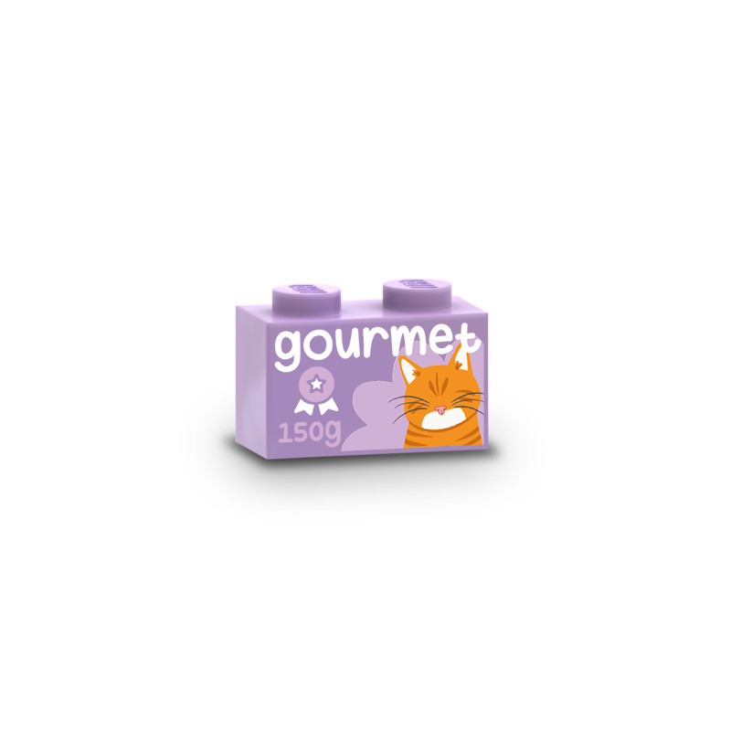 "Gourmet" cat pâté box printed on Lego® Brick 1X2 - Medium Lavender