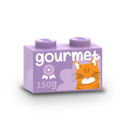 Caja de paté de gato "Gourmet" impresa en ladrillo Lego® 1X2 - Medium Lavender