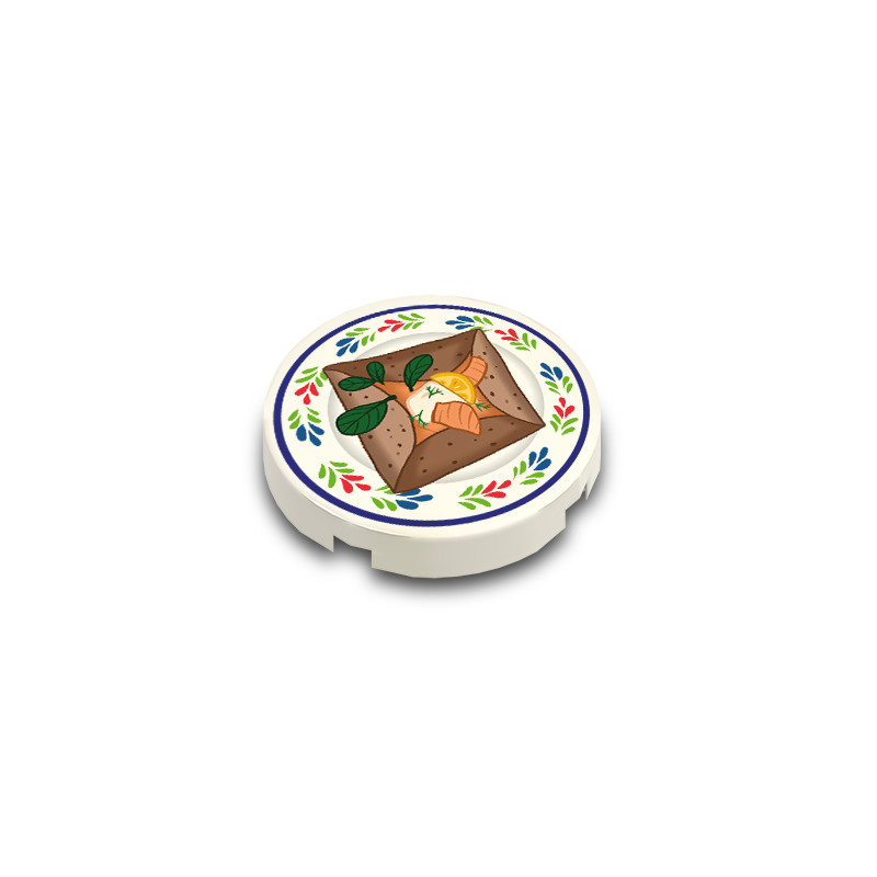 Assiette galette bretonne au saumon imprimée sur brique Lego® 2X2 ronde - Blanc