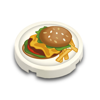 Assiette Hamburger imprimée sur Brique Plate lisse Lego® 2x2 - Blanc