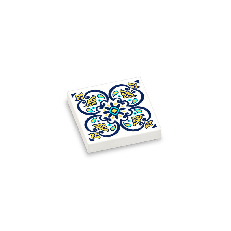 Carrelage / Faïence bleu et jaune imprimé sur Brique Lego® 2X2 - Blanc