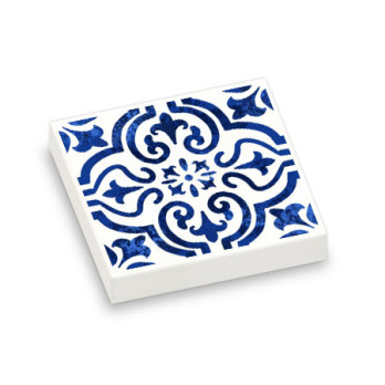 Blue and White Cement Tile Printed on Lego® 2X2 Tile - White