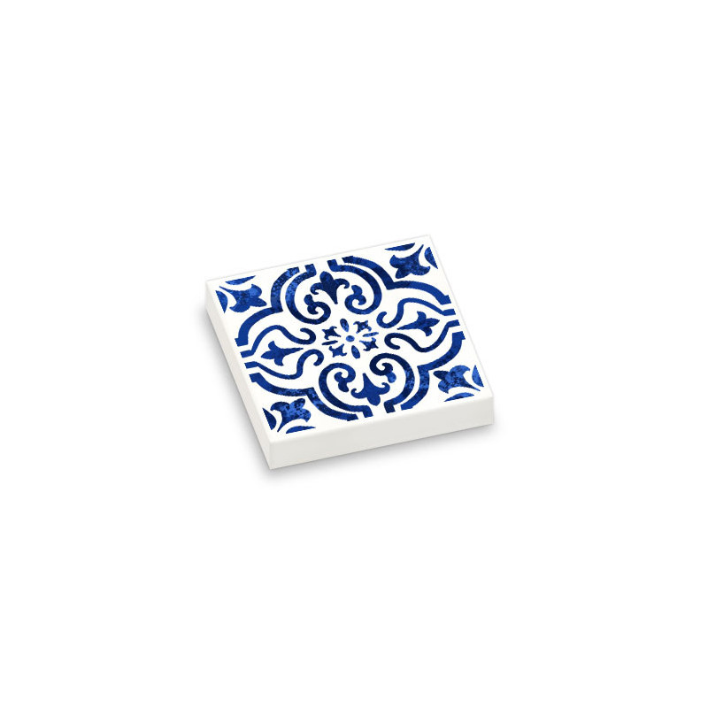 Blue and White Cement Tile Printed on Lego® 2X2 Tile - White