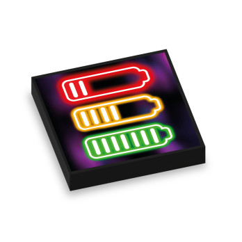 Battery neon sign printed on flat smooth Lego® 2x2 brick - Black