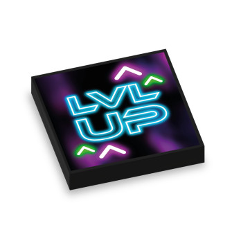 "LVL UP" neon sign printed on flat smooth Lego® 2x2 brick - Black