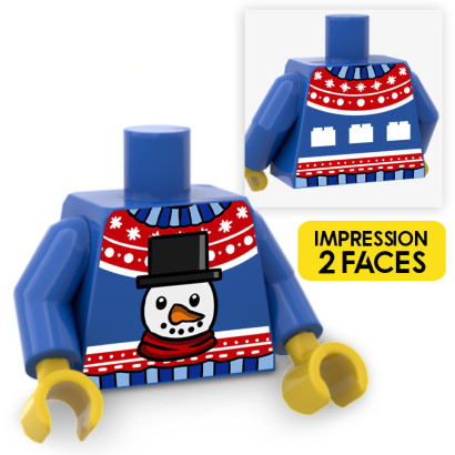 Pull de Noël Bonhomme de neige imprimé sur Torse Lego® - Bleu