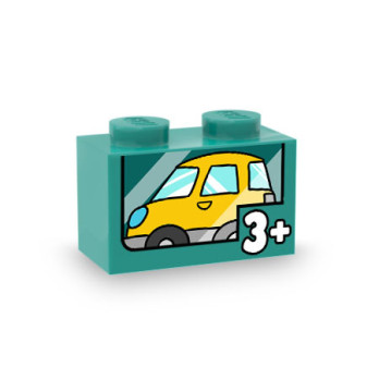 Small yellow car / Toy printed on Lego® Brick 1X2 - Bright Blugreen