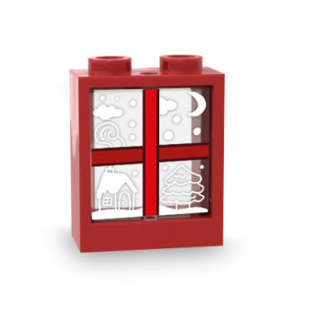 Red Christmas window printed on both sides on Lego® 1x2x2 Glass - Transparent