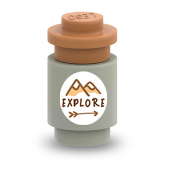 "Explore" hiking water bottle printed on Lego® Brick 1X1 - Medium Stone Gray