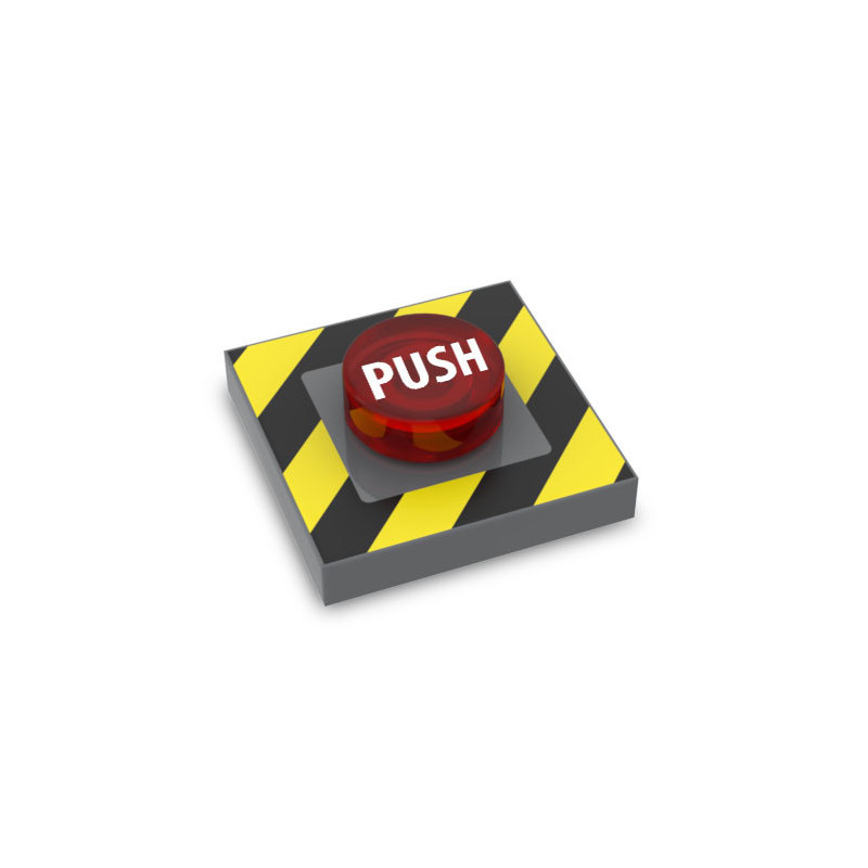 Bouton "Push" imprimé sur brique Lego® 2X2 avec tenon et plate ronde 1X1 - Dark Stone Grey