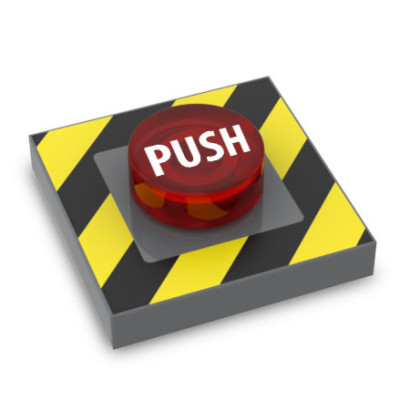 Bouton "Push" imprimé sur brique Lego® 2X2 avec tenon et plate ronde 1X1 - Dark Stone Grey