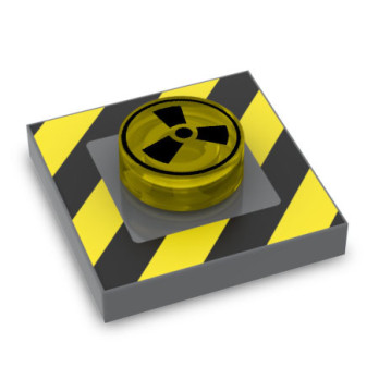 Bouton d'alerte Radioactif imprimé sur brique Lego® 2X2 avec tenon et plate ronde 1X1 - Dark Stone Grey