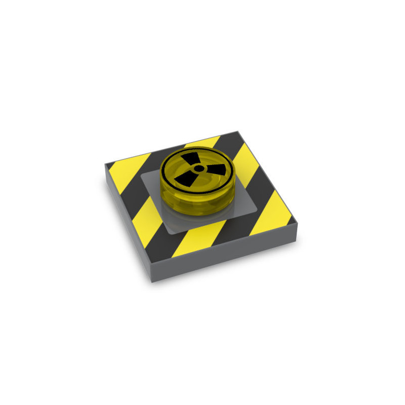 Bouton d'alerte Radioactif imprimé sur brique Lego® 2X2 avec tenon et plate ronde 1X1 - Dark Stone Grey
