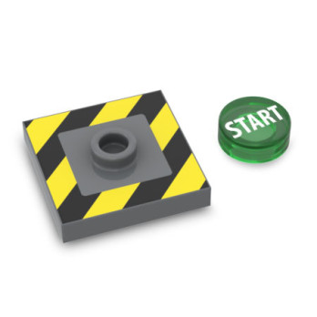 Bouton "Start" imprimé sur brique Lego® 2X2 avec tenon et plate ronde 1X1 - Dark Stone Grey