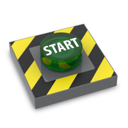 Bouton "Start" imprimé sur brique Lego® 2X2 avec tenon et plate ronde 1X1 - Dark Stone Grey