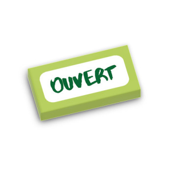 "Ouvert" Sign printed on Lego® Brick 1X2 - Bright Yellowish Green