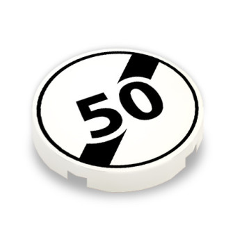 Panneau vitesse fin de limitation 50 imprimé sur Brique ronde lisse Lego® 2x2 - Blanc