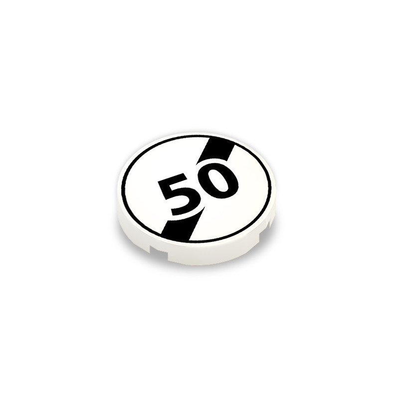 Panneau vitesse fin de limitation 50 imprimé sur Brique ronde lisse Lego® 2x2 - Blanc