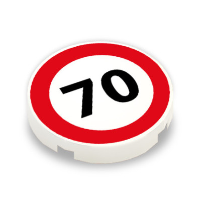 Speed ​​70 sign printed on Lego® 2x2 smooth round brick