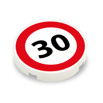 Speed ​​30 sign printed on Lego® 2x2 smooth round brick