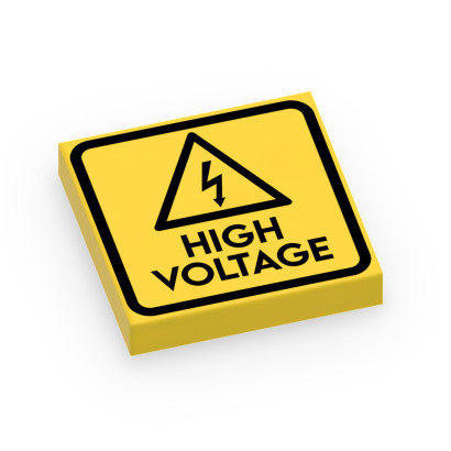 "High Voltage" sign printed on Lego® 2x2 Flat tile - Yellow