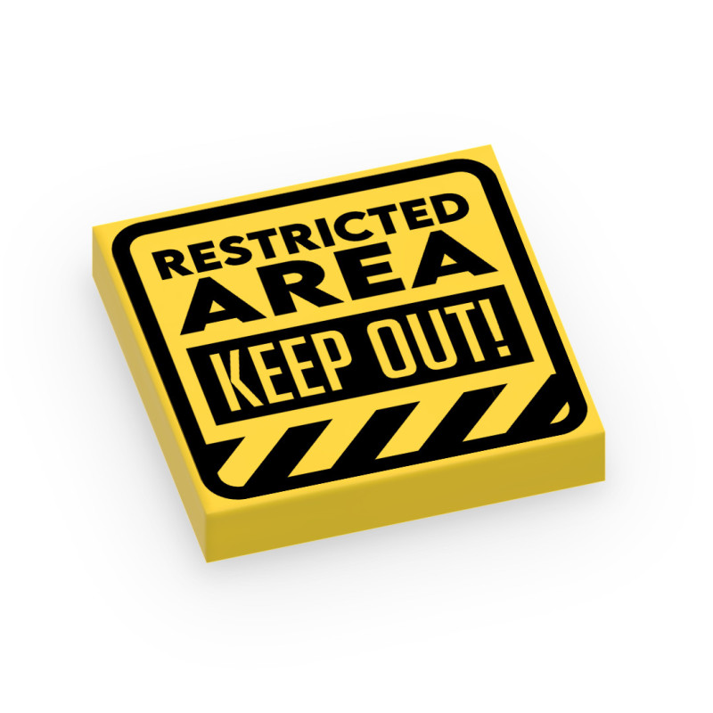 "Restricted Area Kepp Out" Sign Printed on Lego® 2x2 Flat tile - Yellow