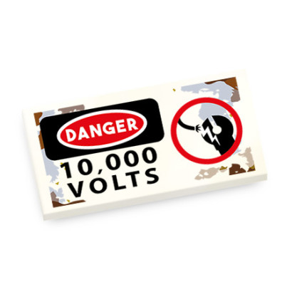 "Danger 10,000 Volts" Sign Printed on 2x4 Lego® Brick - White