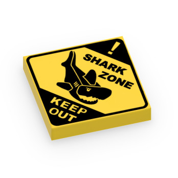 "Shark Zone" sign printed on Lego® 2x2 Smooth Flat Brick - Yellow