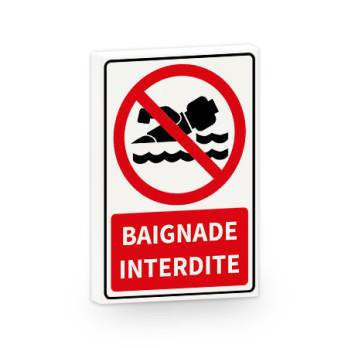 "Baignade Interdite" sign printed on 2x3 Lego® tile - White