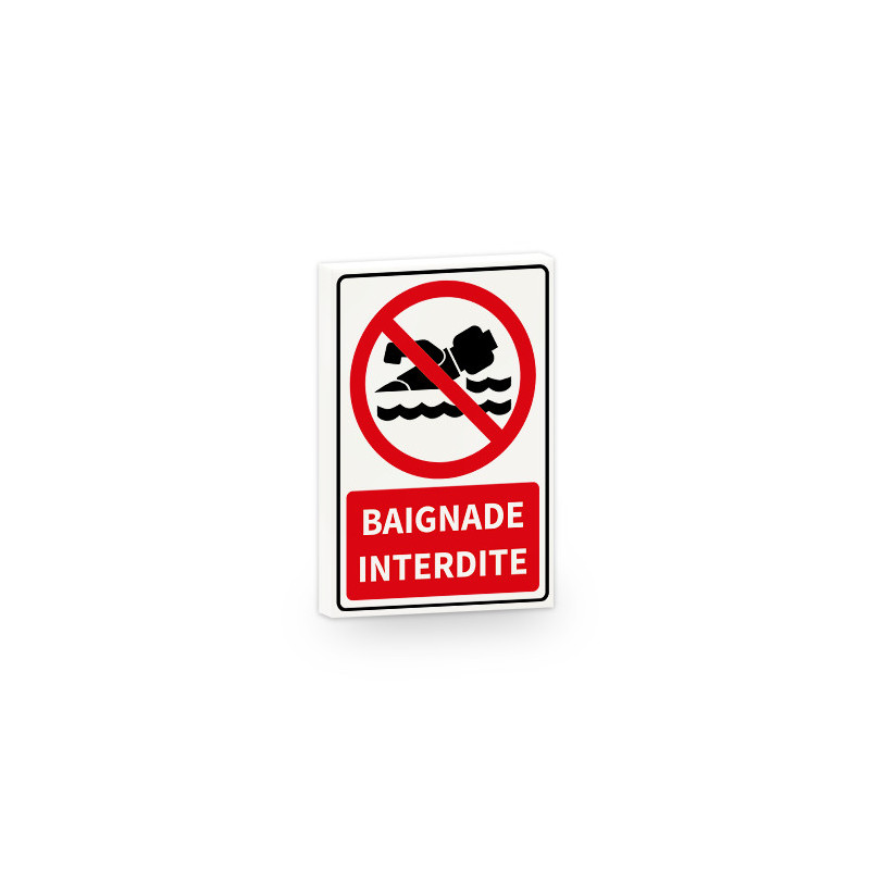 "Baignade Interdite" sign printed on 2x3 Lego® tile - White