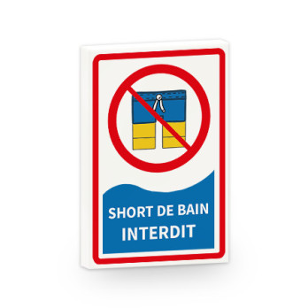 Panneau "Short de bain interdit" imprimé sur Brique Plate lisse Lego® 2x3 - Blanc