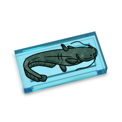 Catfish printed on Lego® Flat Brick 1X2 - Transparent Blue