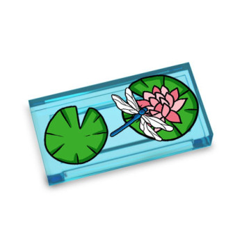 Water Lily and Dragonfly Printed on 1X2 Lego® Tile - Transparent Blue