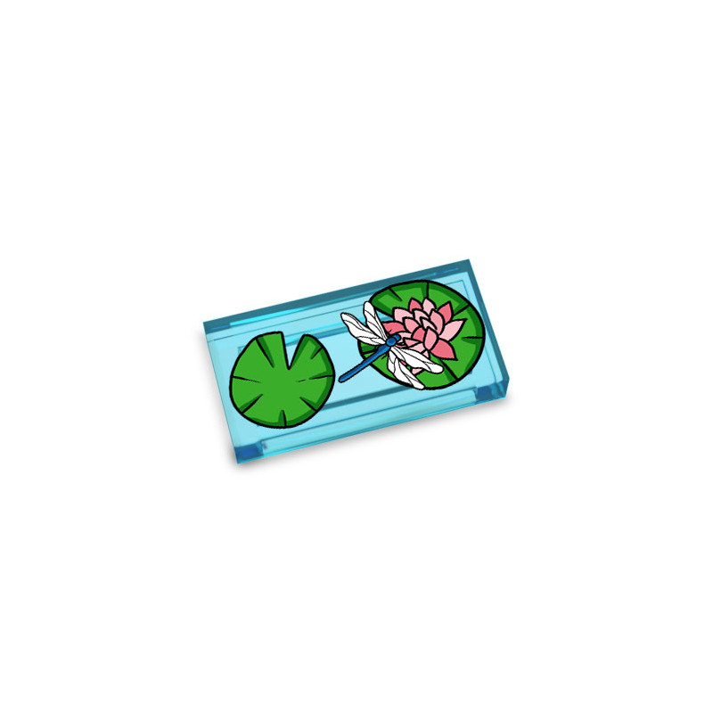 Water Lily and Dragonfly Printed on 1X2 Lego® Tile - Transparent Blue