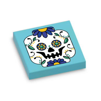 Plate Lego® 2X2 Printed Mexican Skull Board - Medium Azur