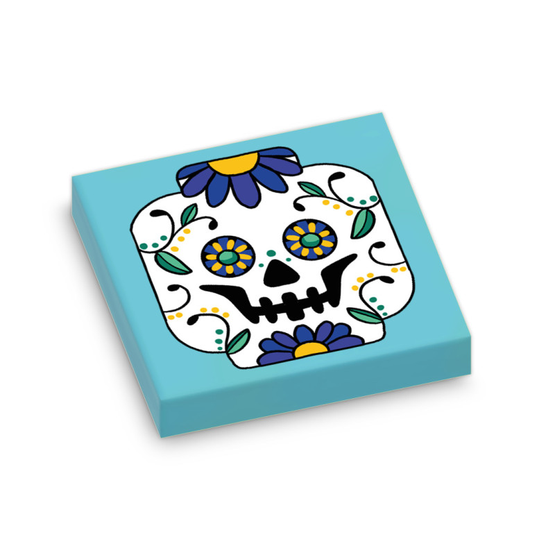 Plate Lego® 2X2 Printed Mexican Skull Board - Medium Azur