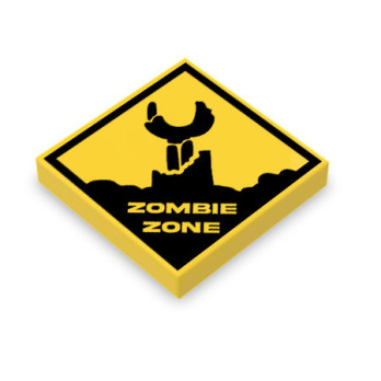 Panneau "Zombie Zone" imprimé sur Brique Plate lisse Lego® 2x2 - Jaune