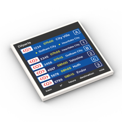 Station departures display board printed on 6X6 Lego® Tile - White