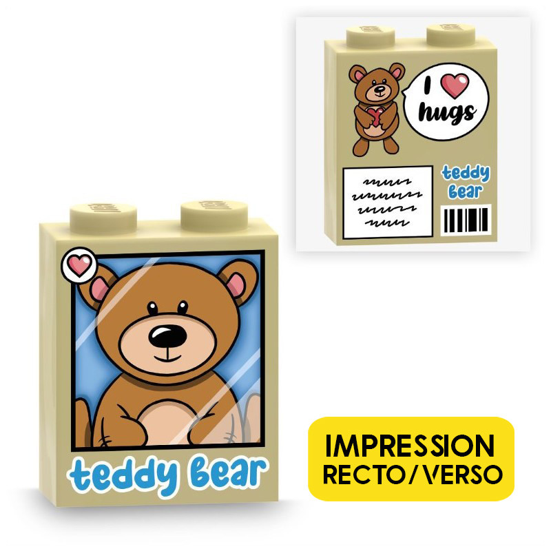 Teddy bear toy box printed on Lego® Brick 1X2X2 - Tan