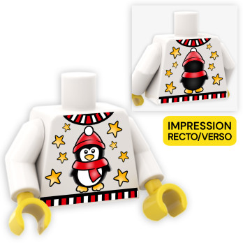 Penguin Christmas Sweater Printed on Lego® Torso - White