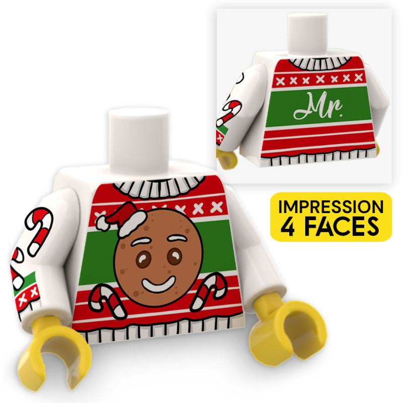 Mr. Gingerbread Christmas Sweater printed on Lego® Torso - White